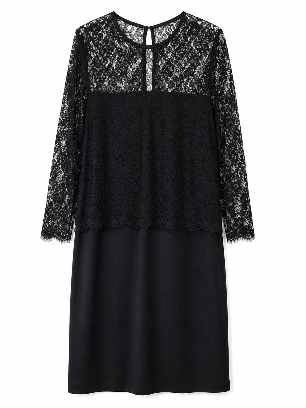 St. John Black Lace Long-Sleeve Shift Dress